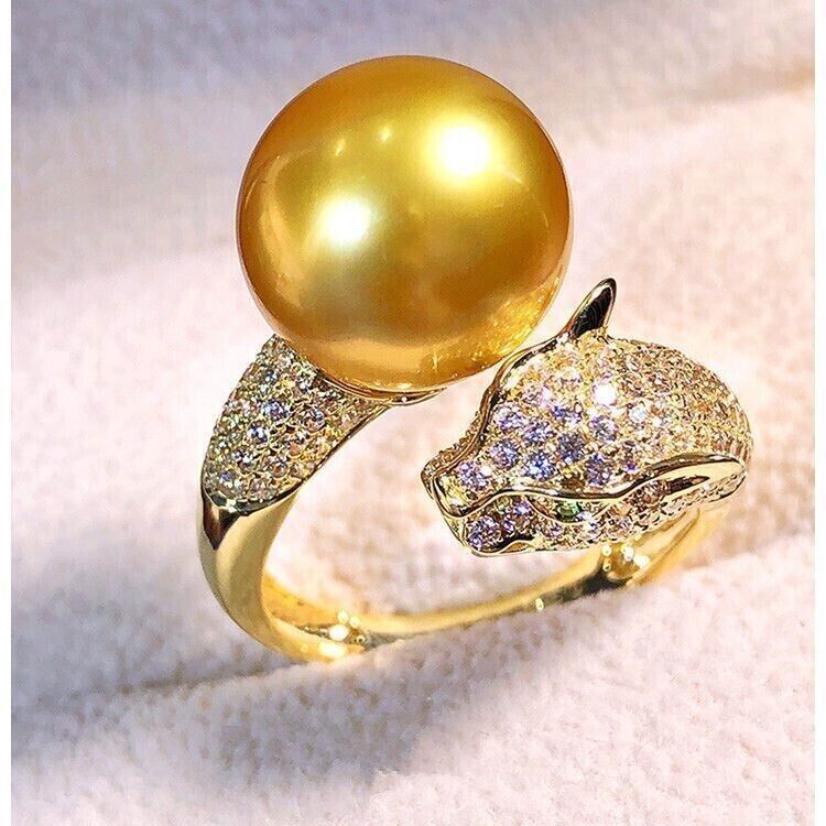 Huge AAA 10-11mm Genuine Natural South Sea Golden Round Pearl Ring 925s