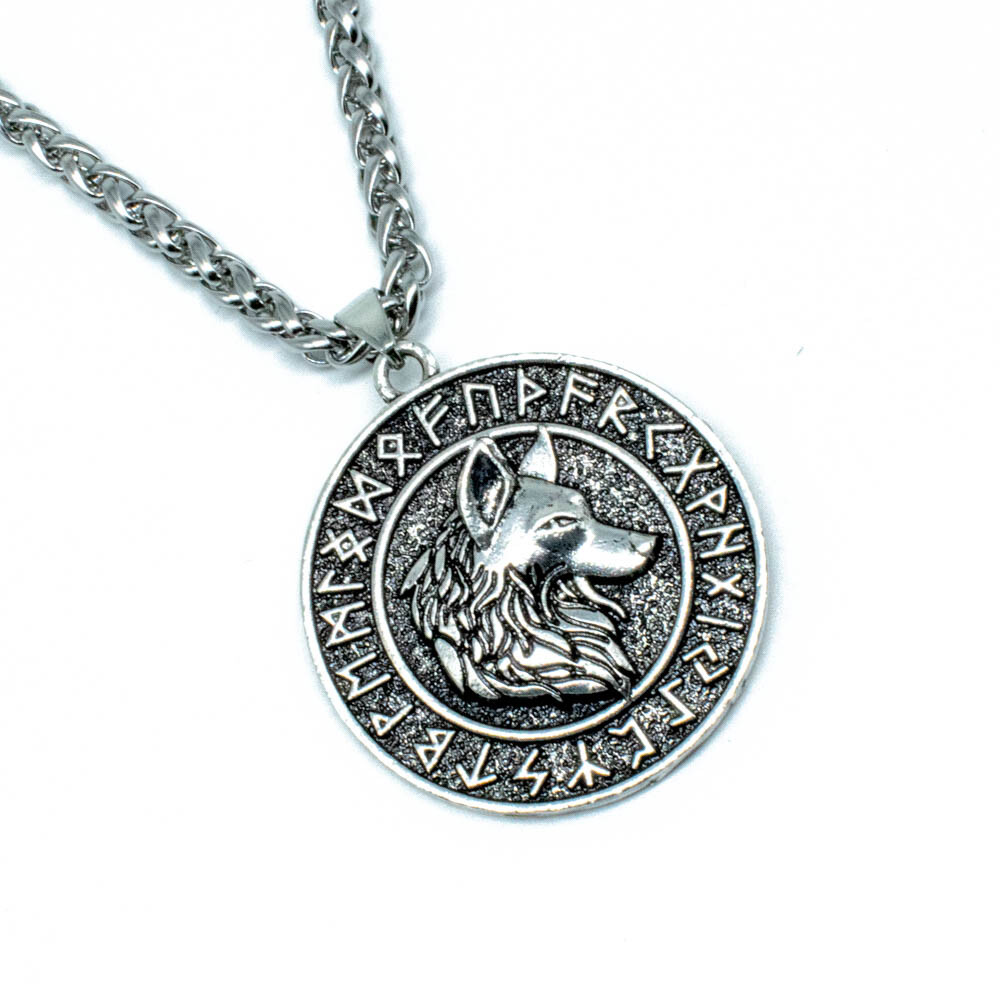 Norse Viking Double Sided Rune Wolf Head Pendant Necklace – Odin Geri and Freki