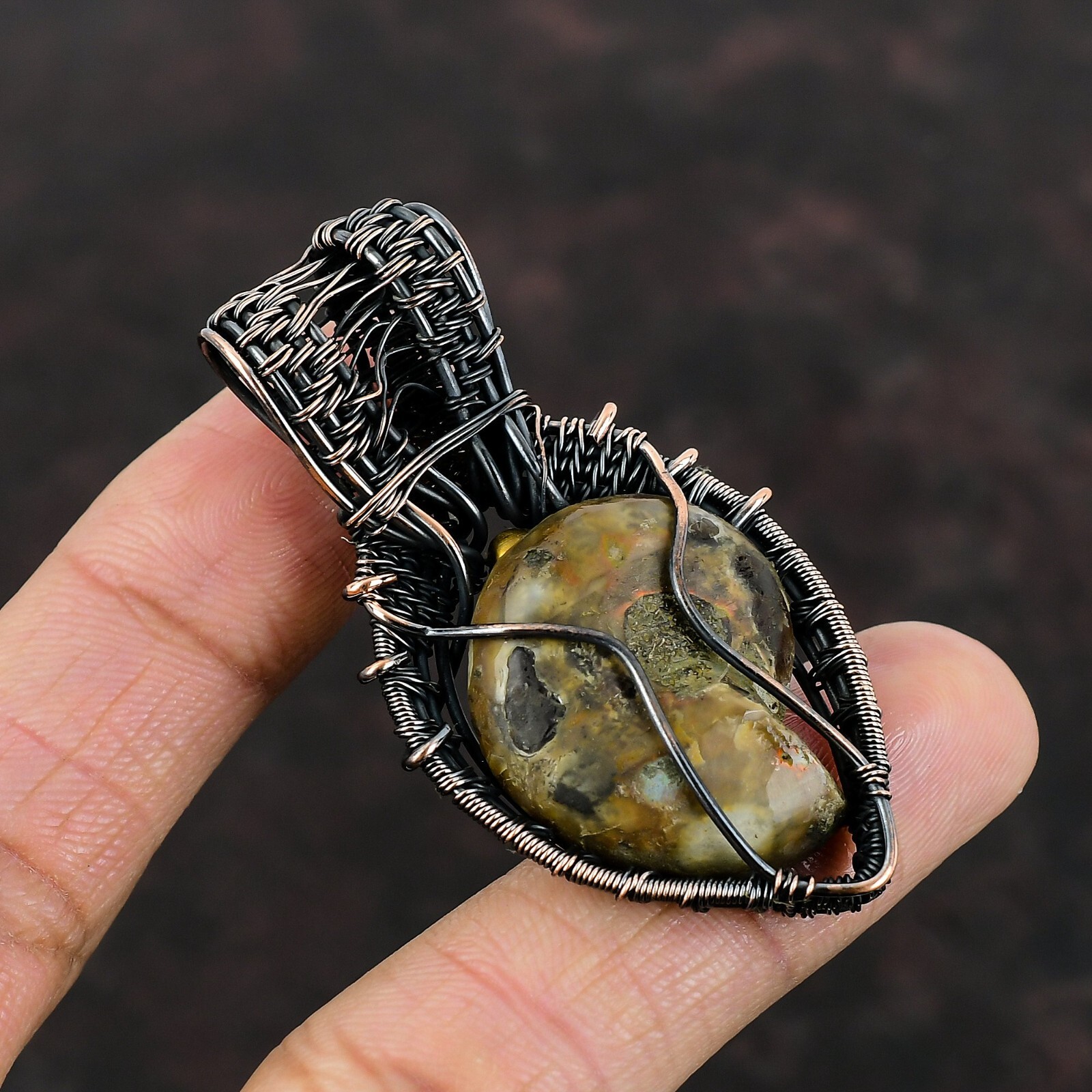 Birthday Gift For Her Ammonite Fossil Wire Wrapped Pendant Copper Jewelry 2.36″