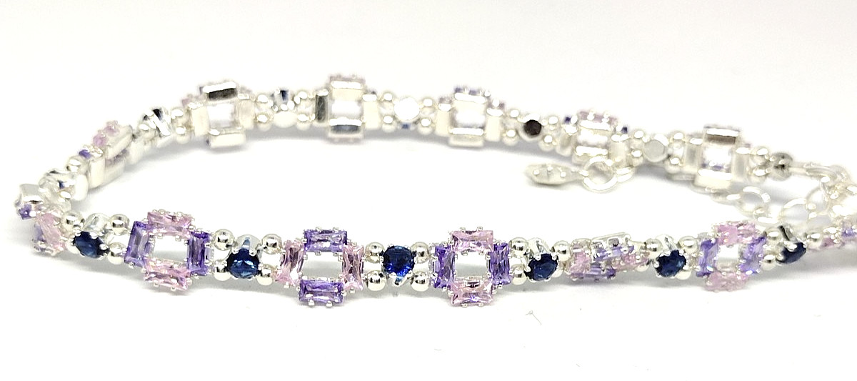 7 1/2 inch Bracelet Box Shape- Pink,Lavender 2x4mmCZ-3mm Royal Blue Round Beads.