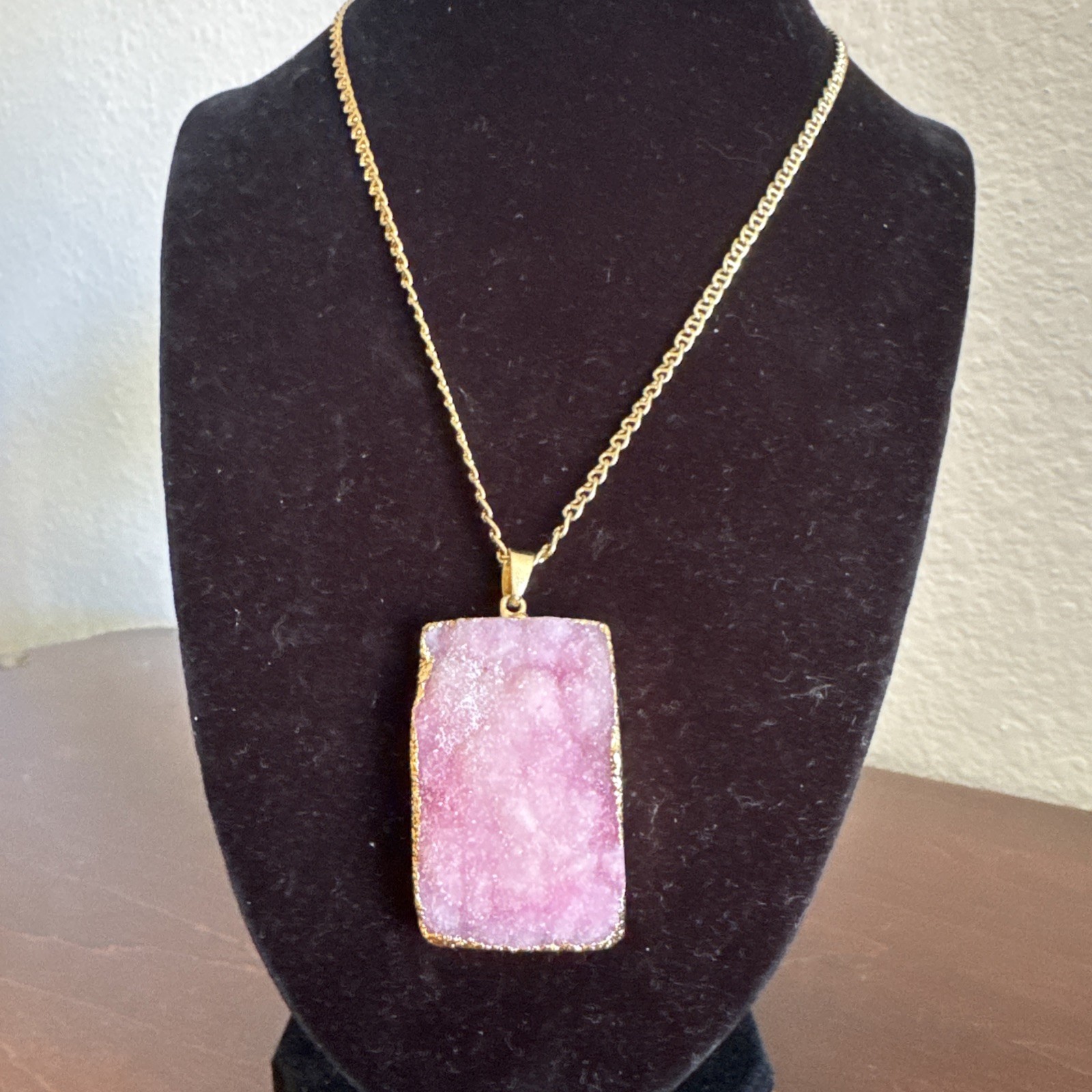 Pink Drusy Quartz Gold Tone Pendant Necklace