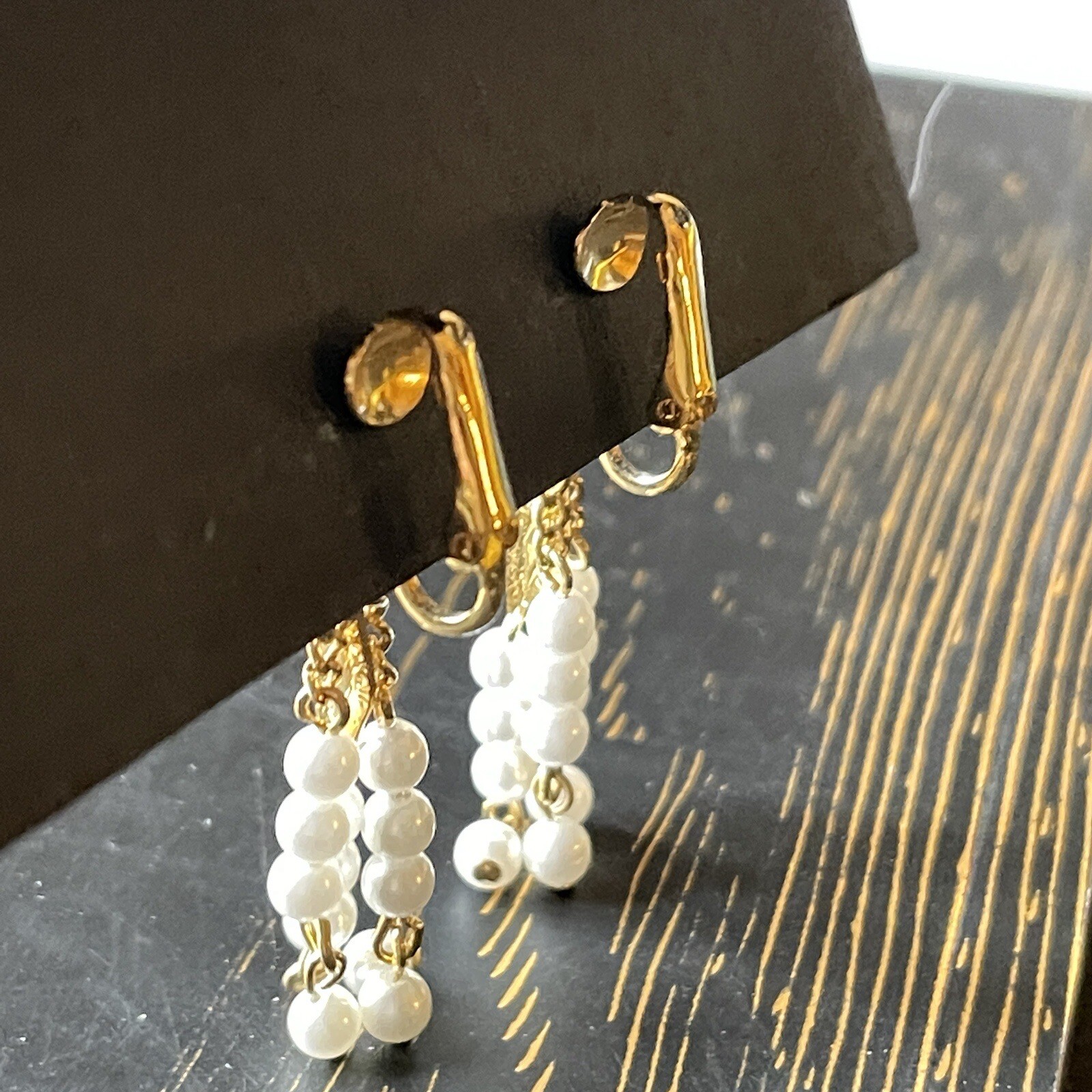 Vintage Faux Pearl Tassel Clip On Earrings Gold Tone Dangle Chandelier Statement