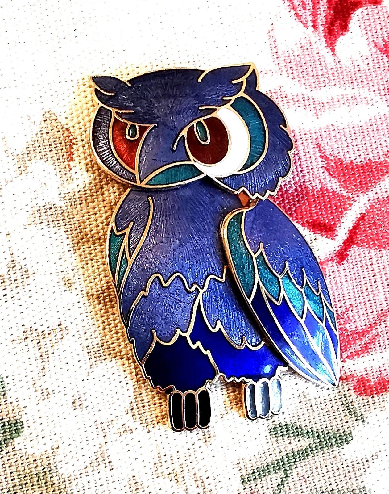 Vintage 3D Owl Brooch Vivid Blue & Green Enamel Cloisone Ethereal Woodland Elf
