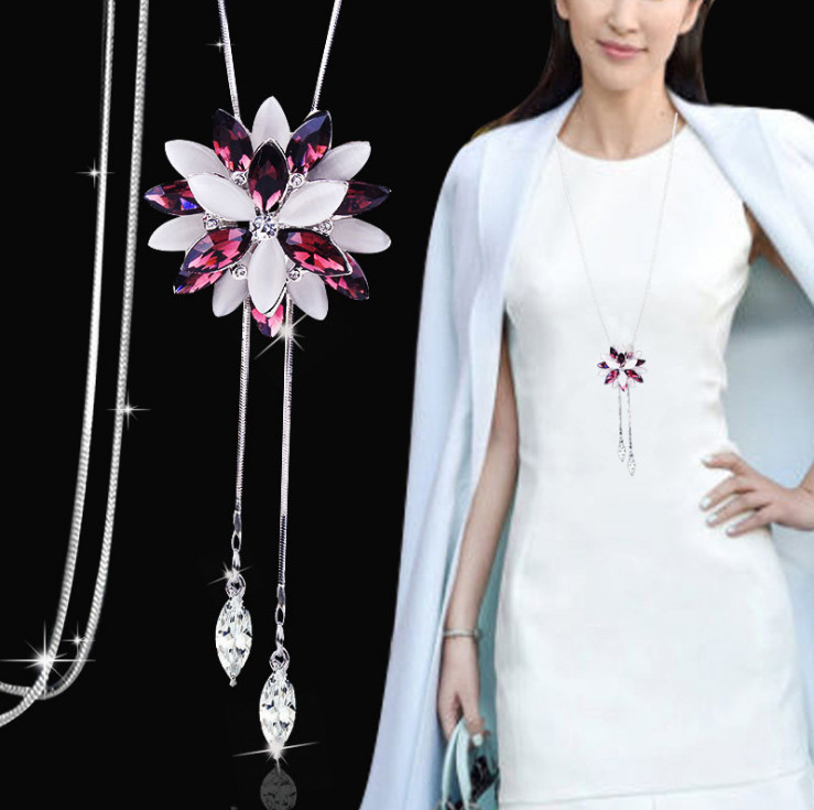 New Women Long Silver Tassel Cluster CZ Flower Pendant Necklace Chain Sweater SC
