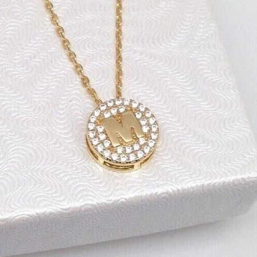 14K Yellow Gold Plated Round Cut Simulated Diamond Stunning Initial M Pendant