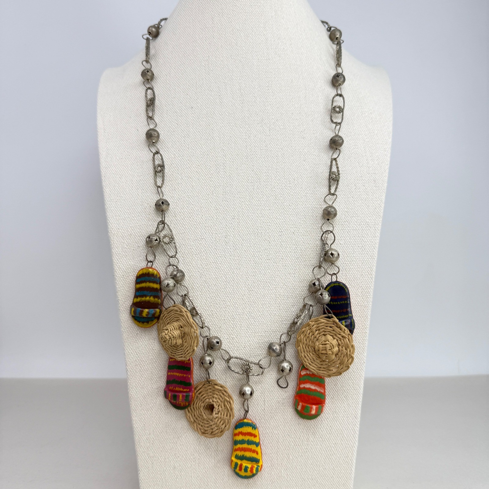 Vintage Mexican Wedding Necklace Folk Art Sombrero Huarache Charms Silver Tone