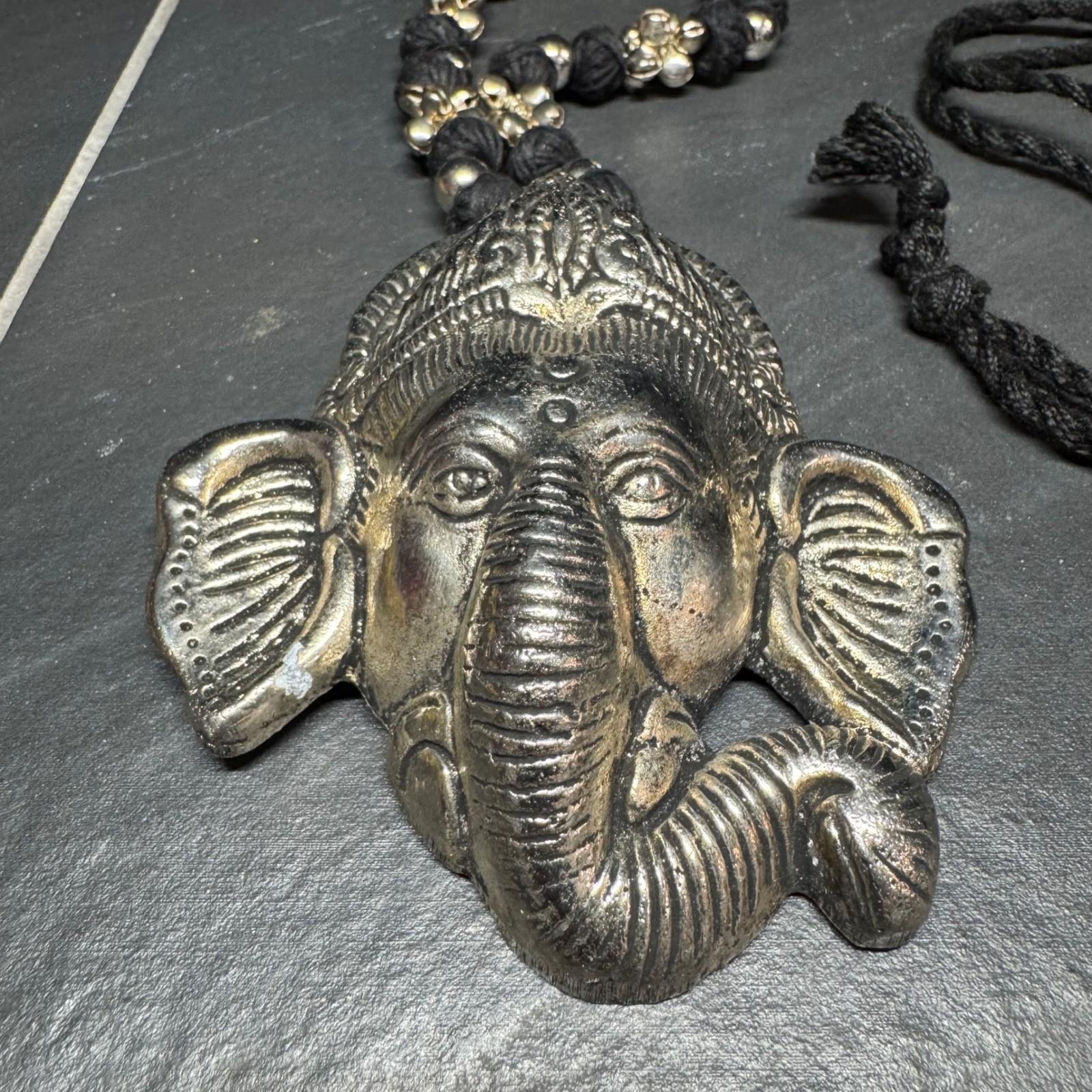 Vintage Ganesha Pendant Necklace Silver Tone Large Hindu Elephant God Statement