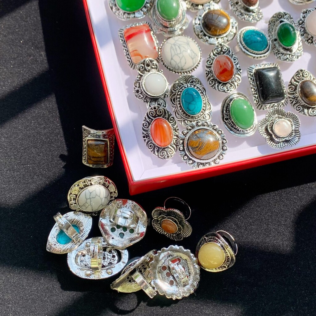 Wholesale 12pcs Big Natural Stone Vintage Rings Women Mix Antique Silver Jewelry