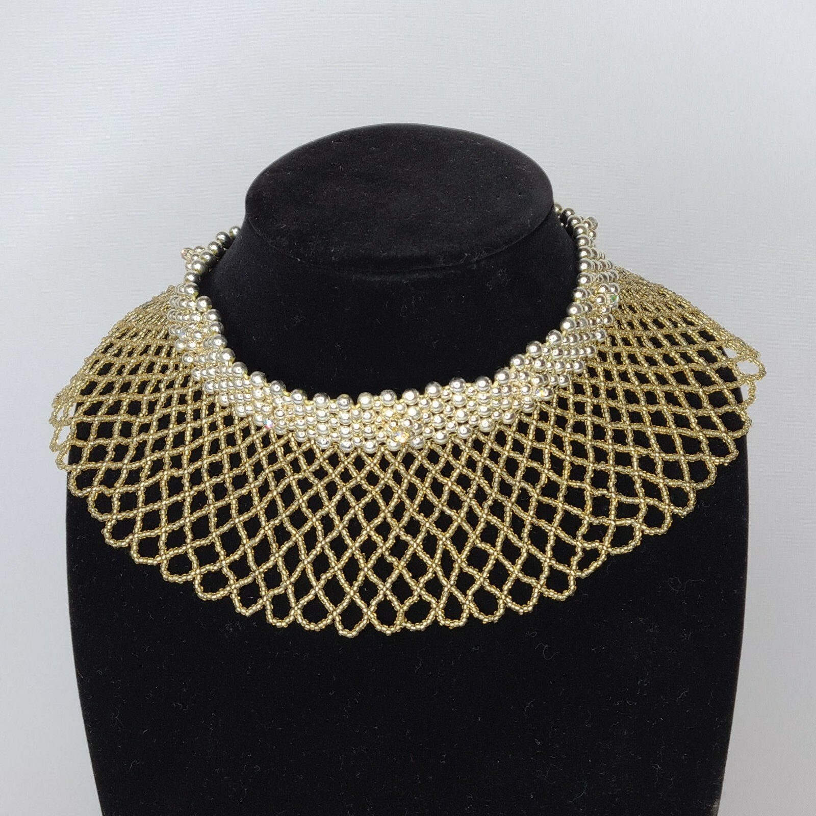 VTG Victorian Style Collar Choker Necklace Beaded Netting & Crystals Steampunk