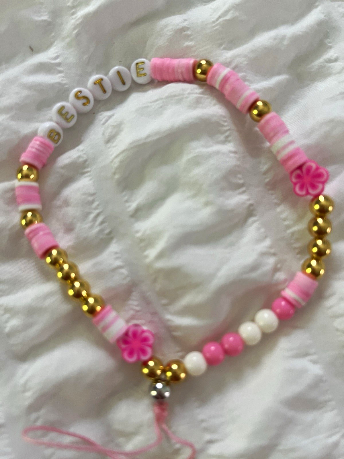Pink, White & Gold Plastic Round Beaded Charm keychain Adjustable Tie, Handmade