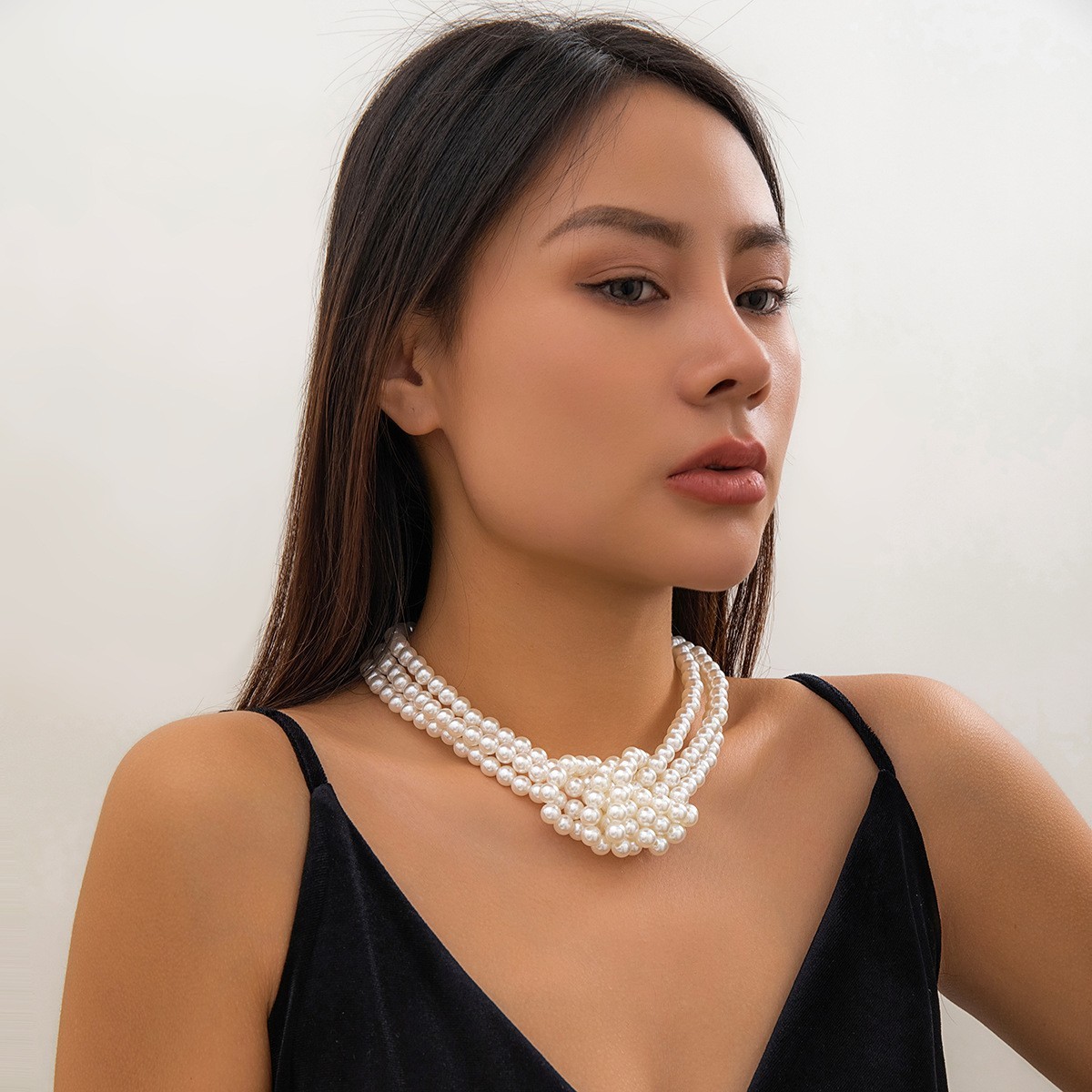 Multi Layer Faux Pearl Twisted Knot Choker Necklace Statement Bridal Elegant