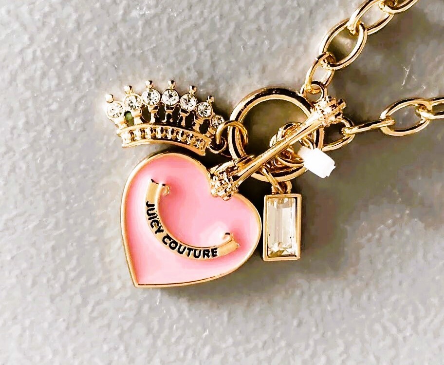Juicy Couture Pink Enamel 1″ Heart Charm Crown 17″ Toggle Pendant Necklace NWT