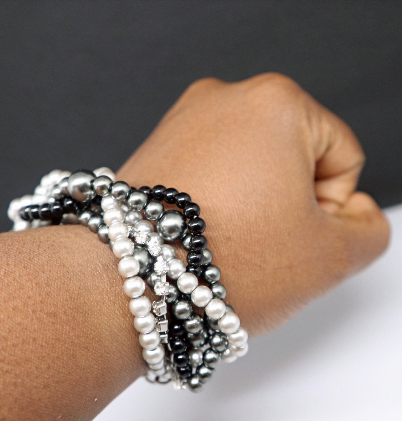 6 Strand Black/Grey Beaded Crystal Adjustable Bracelet