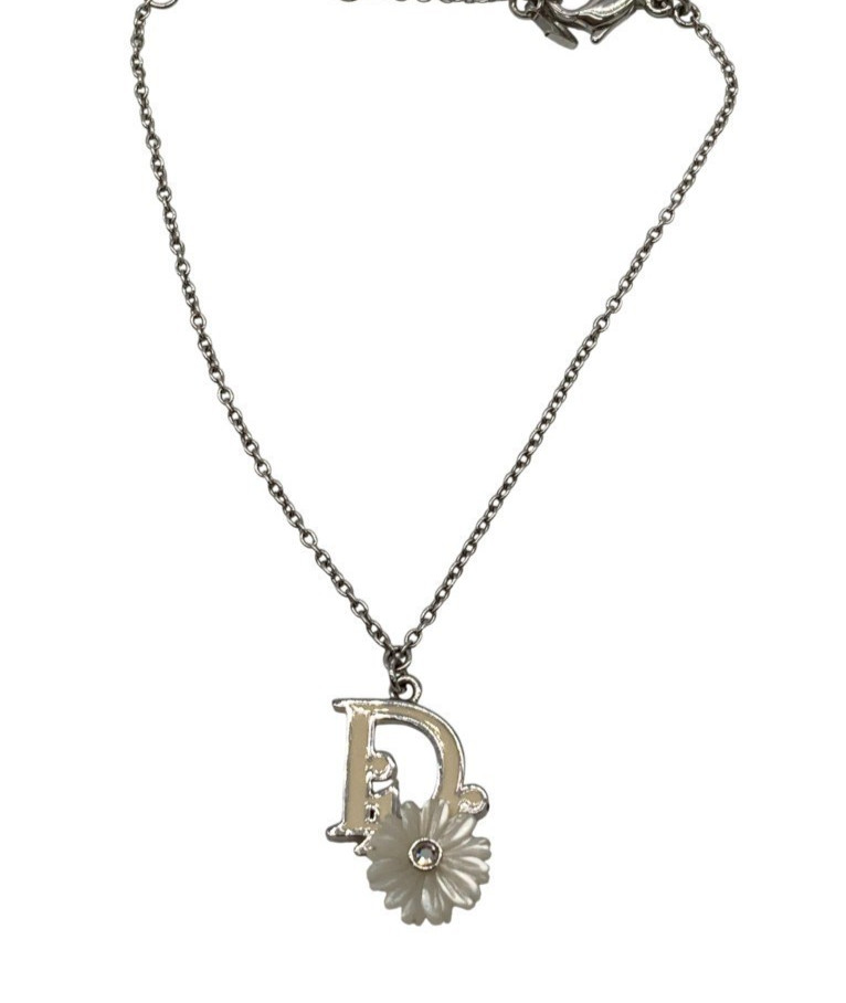 Christian Dior Flower Bracelet Silver Tone White Logo Charm Box 19.5cm / 7.7in