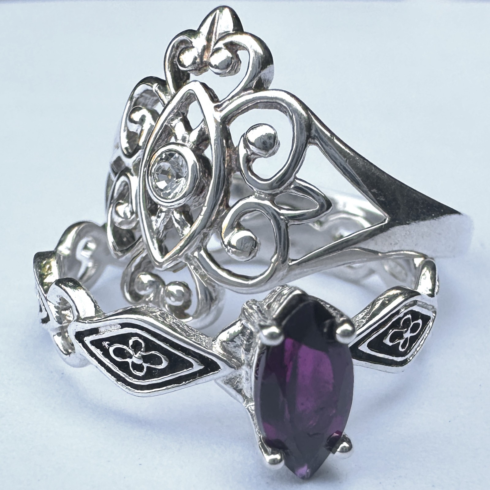 Set of Two Dainty Sterling Silver Rings – Sizes 8 & 9 w Garnet & CZ, 4.9g