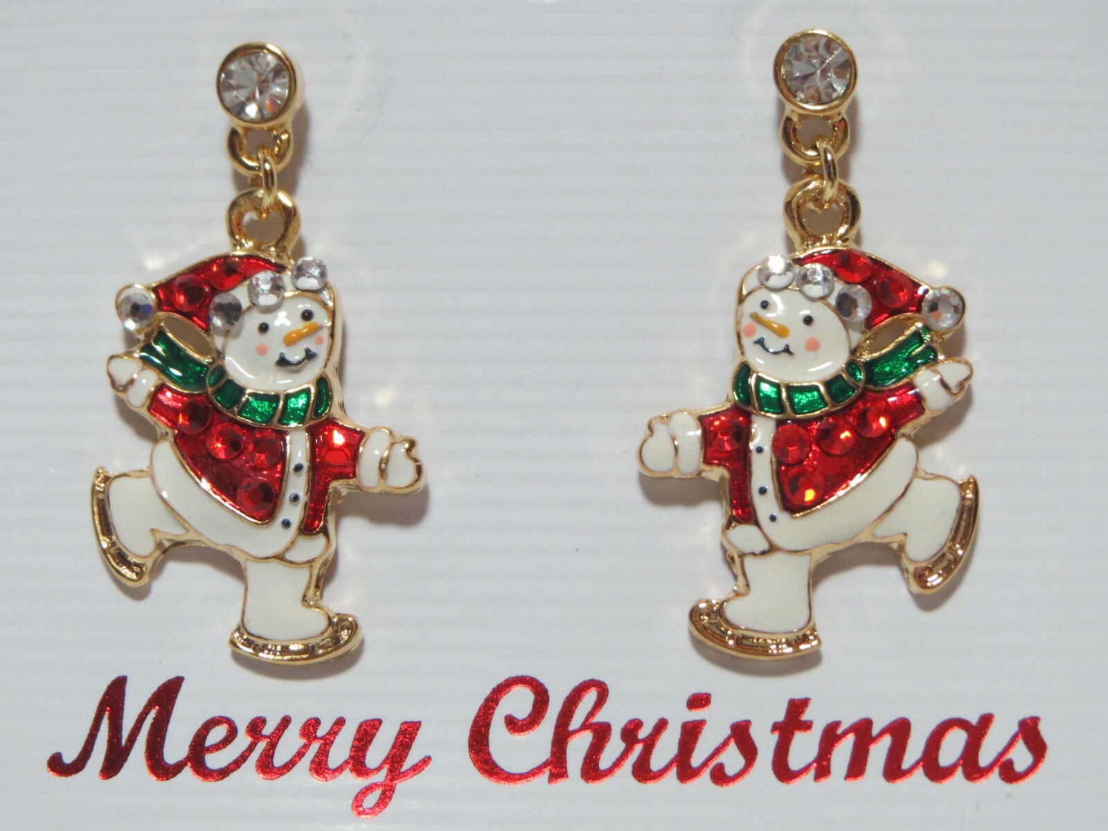 Frosty The Snowman Ice Skate Earrings with Rhinestones & Enamel New Christmas