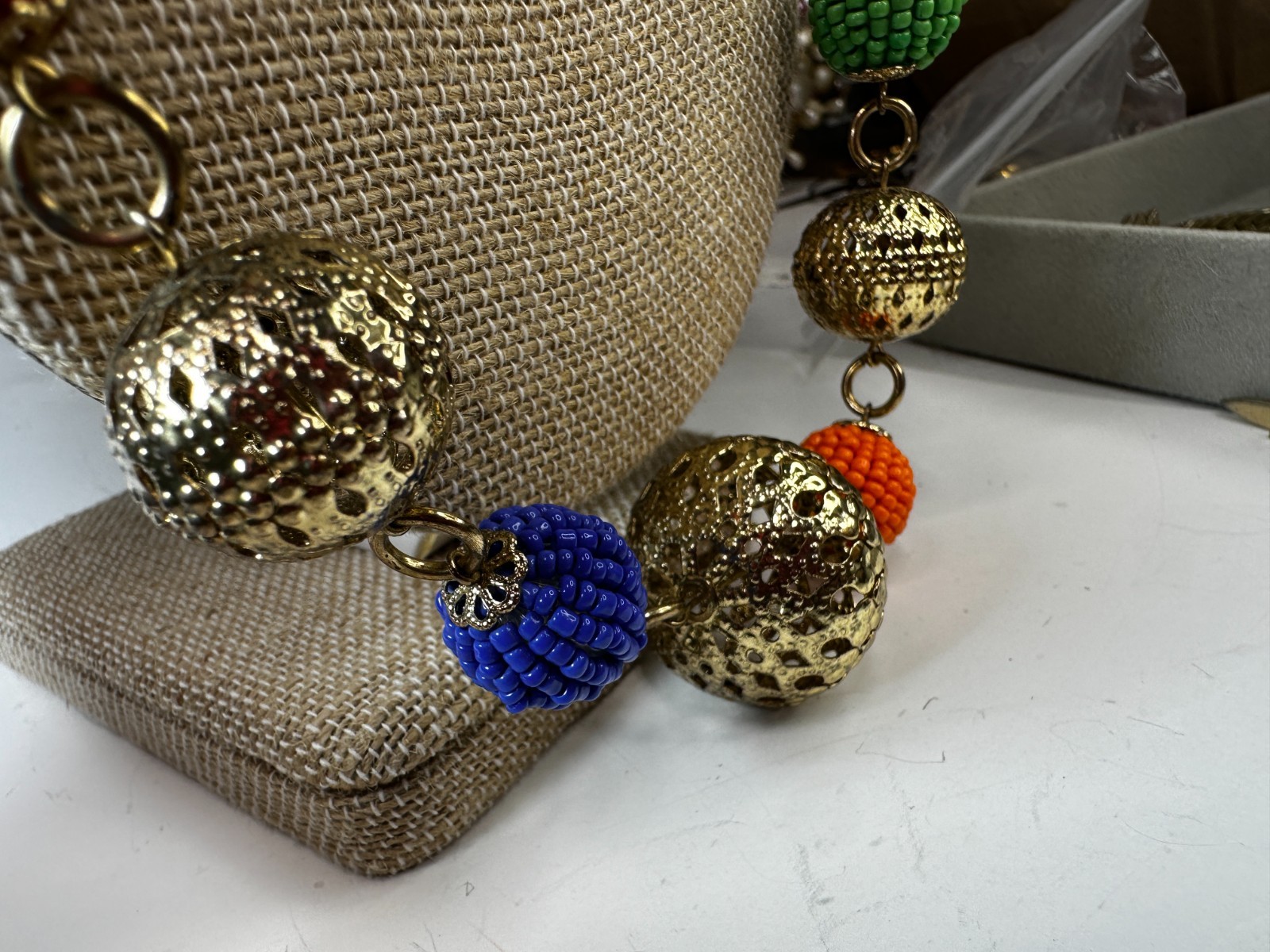 Graziano Necklace Seed Bead Colorful Filigree Ball 38 inches Signed
