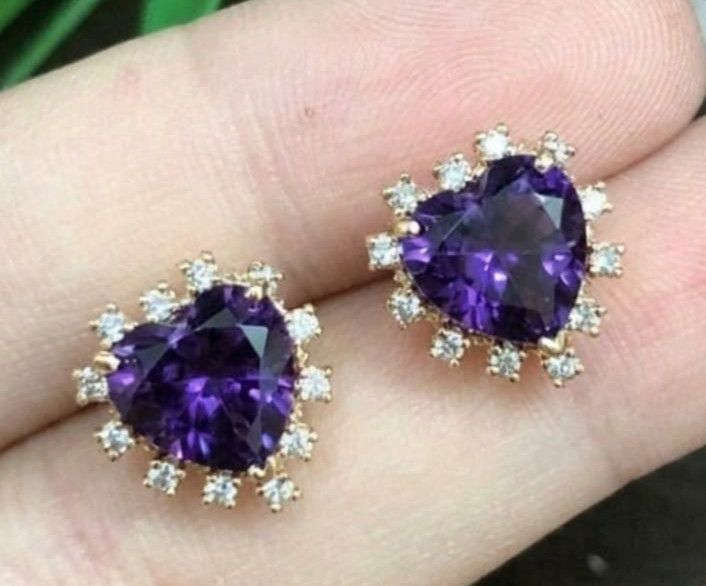 4ct Heart Simulated Purple Amethyst/Diamond Halo Stud Earring Rose Gold Plated