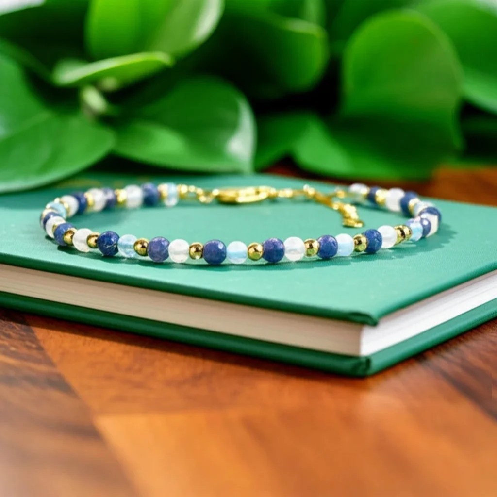 Aquamarine Sapphire 3mm Faceted Bead Minimalist Crystal Gemstone Dainty Bracelet