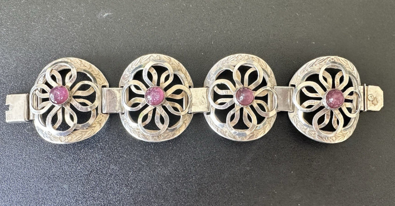 Silver Bracelet Purple Lilac Stones Mexican Silver