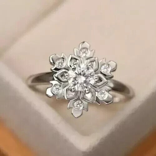 Round Simulated Diamond Women’s Gorgeous Snowflake Ring In 14k White Gold Plated