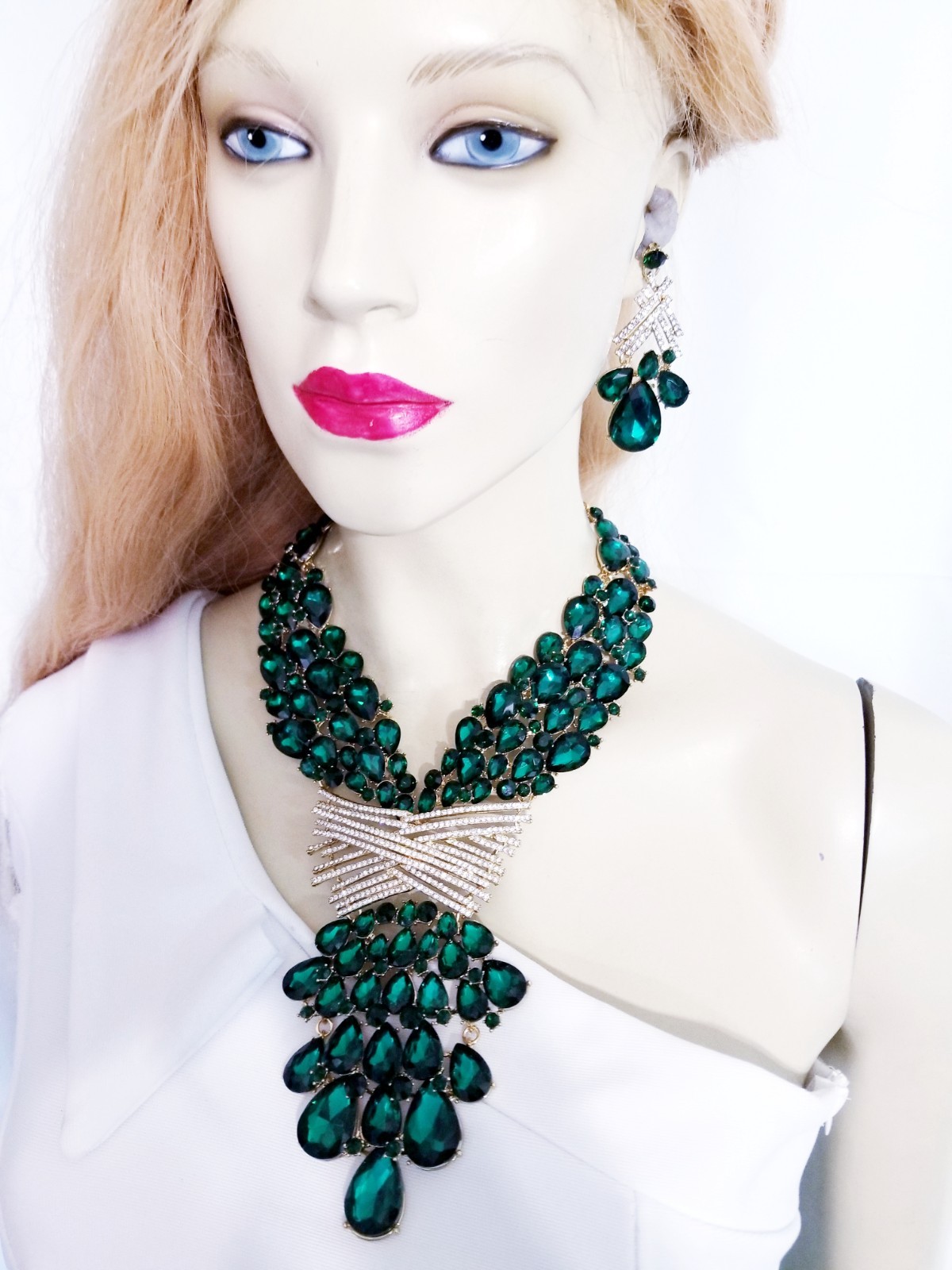 Green X Large Necklace Choker Earring Set Rhinestone Crystal Drag