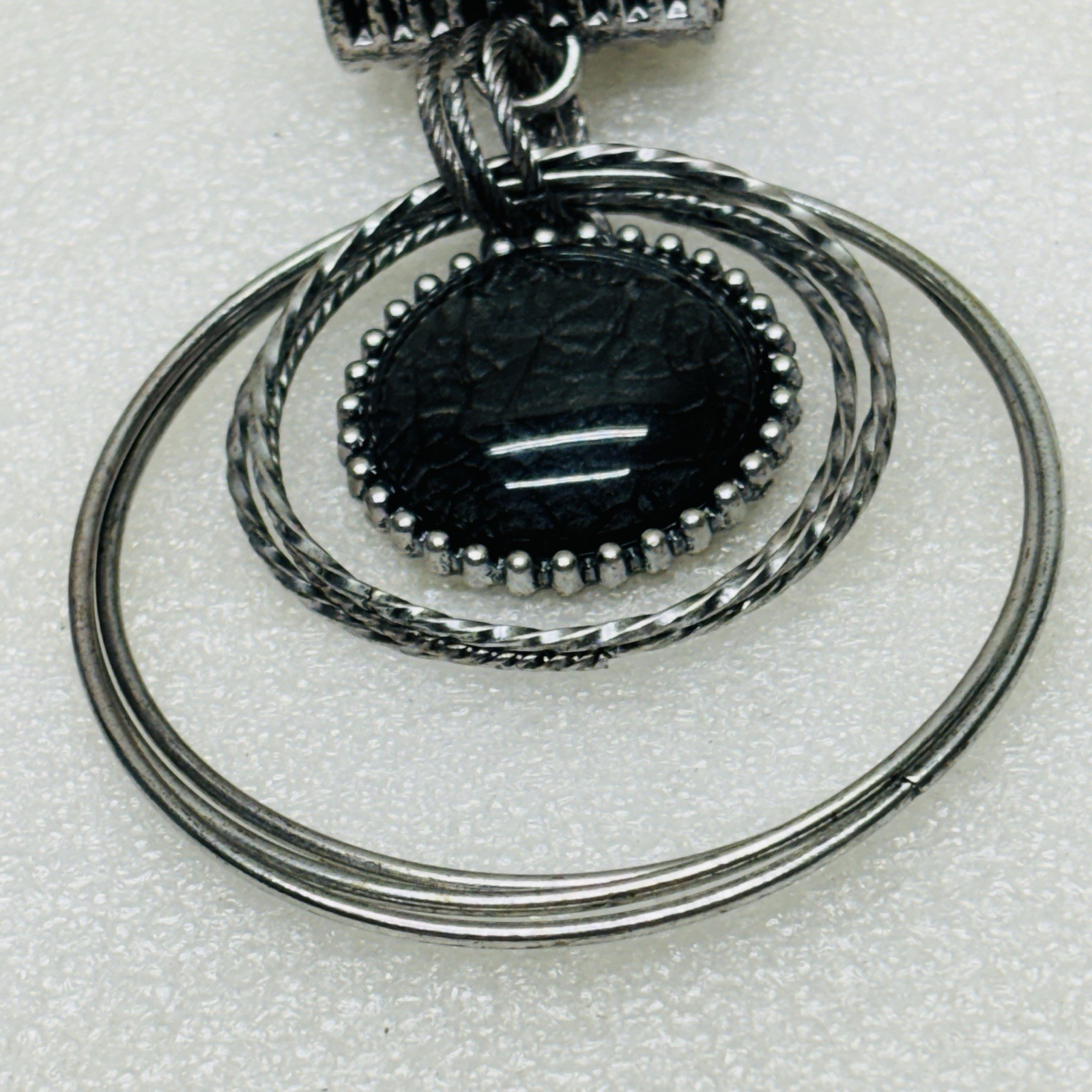 Silver Tone Metal w/ Black & Gray 3.5″ Multiple Circles Necklace Pendant • VG‼