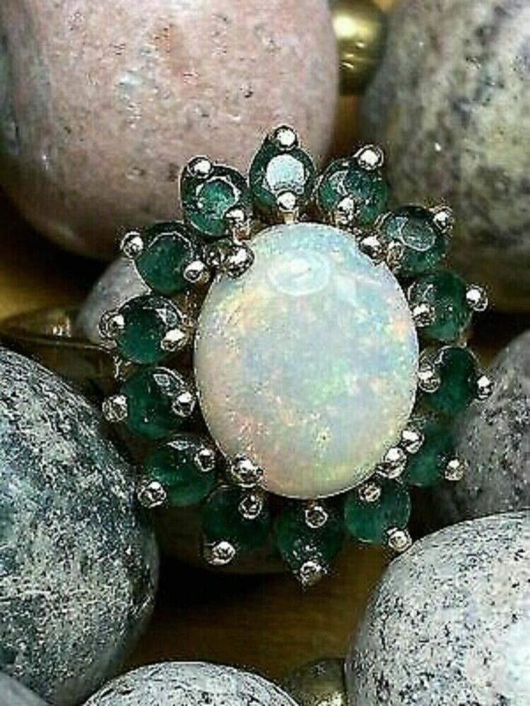 Oval Cut Simulated Fire Opal & Green Emerald Women’s Ring 14K Yellow Gold Plated