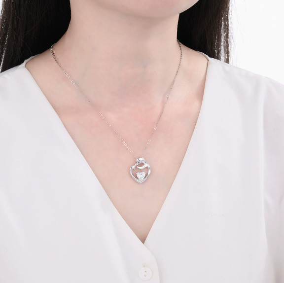 Heart Shape Mom & Child Pendant Necklace Silver Tone Family Love Gift For Women