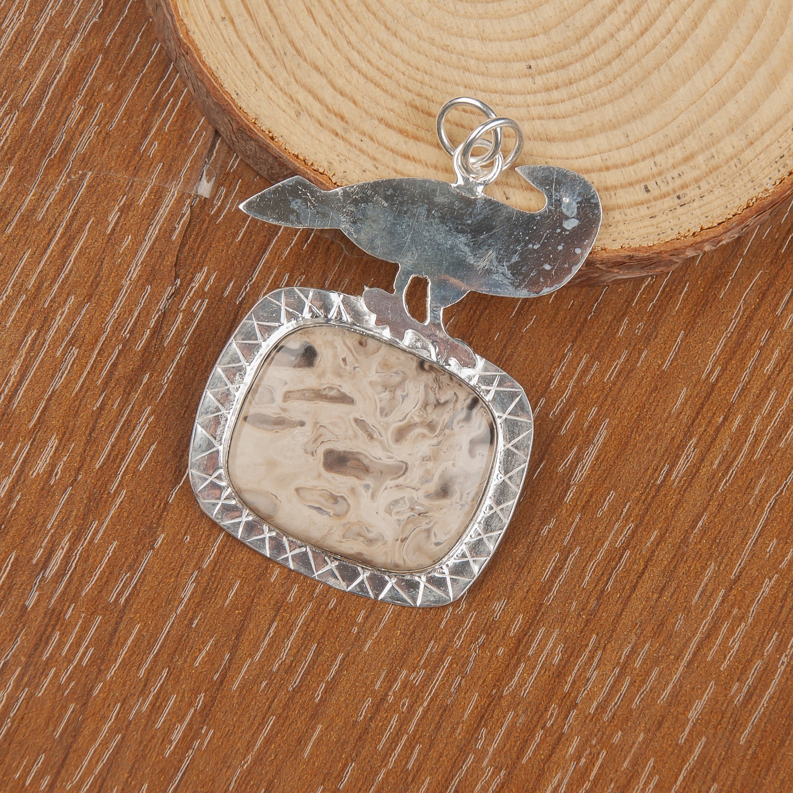 Anniversary Gift For Her Wooden Agate Gemstone Pendant 925 Sterling Silver
