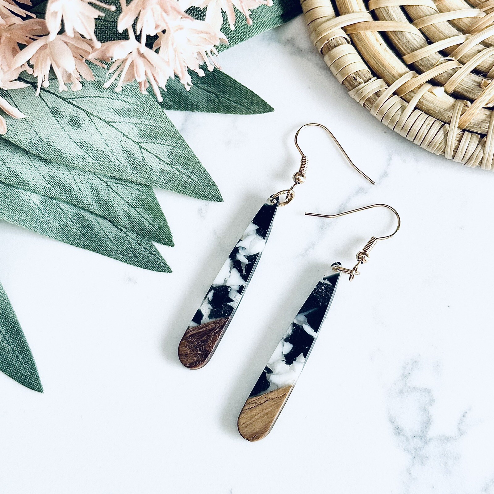Black & White Cloud Resin & Wood Earrings Boho Bohemian NEW Teardrop US SELLER