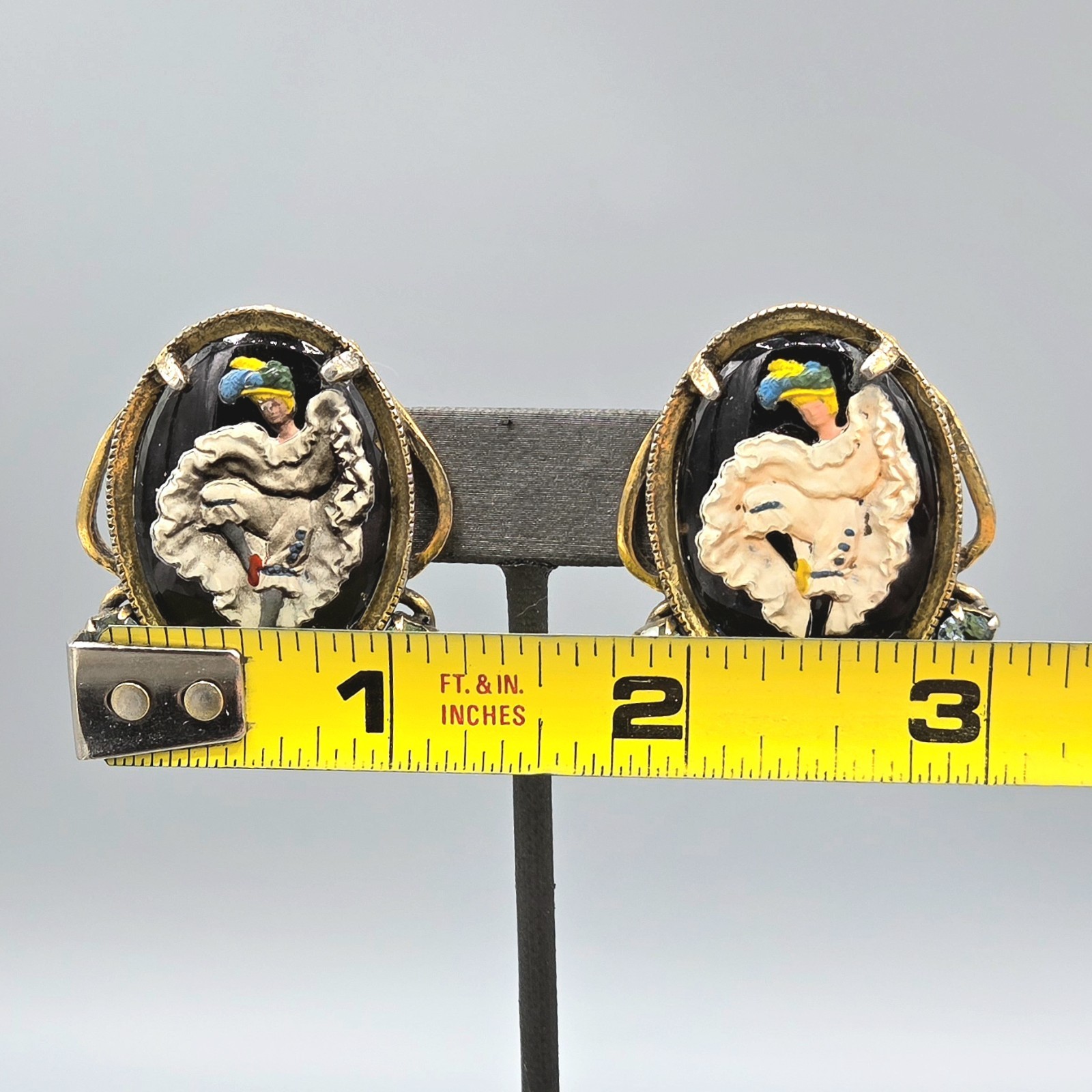 Vintage Can-Can Dancer Intaglio Reverse Paint Glass Panel Link Bracelet Earrings