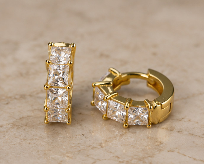 4.00Ct Princess Cut Simulated Diamond Men’s Hoop Earrings 14K Yellow Gold Plated