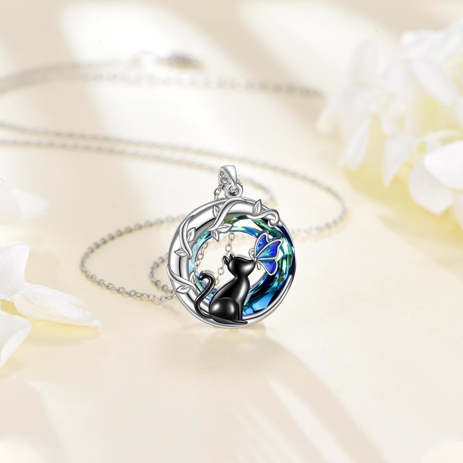 Black Cat Butterfly Necklace 925 Sterling Silver Blue Crystal Pendant Gift Women