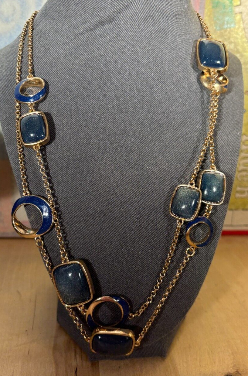 Single Strand Gold Tone Station Necklace Double Sided Glass and Enamel, 44″