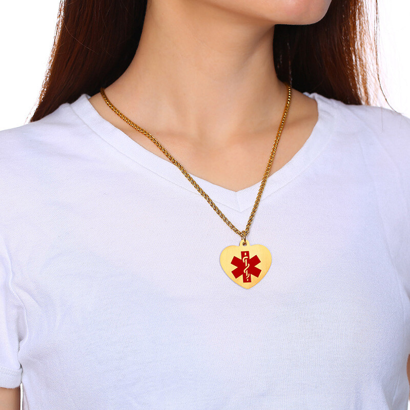 Medical Alert ID Women Men Necklace Love Heart Pendant Personalized Engraving