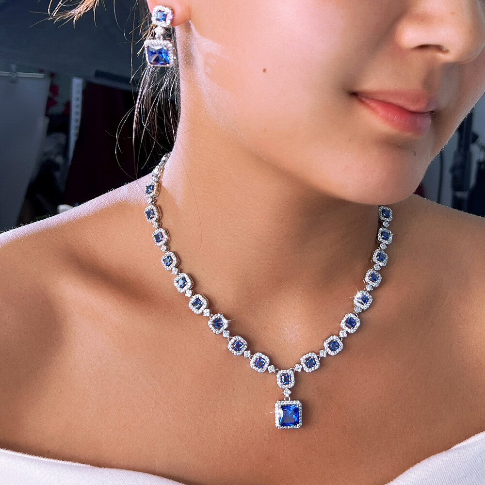 Blue Square Drop Earrings Necklace Silver Plated Cubic Zircon Bridal Jewelry Set