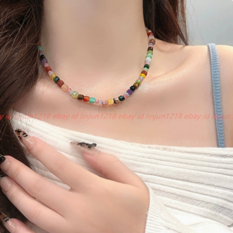 Pretty Rainbow Colors Natural Stone Turquoise Gems Square Bead Necklace 42+5cm