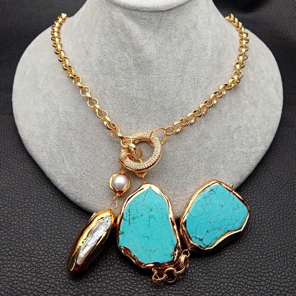 White Biwa Pearl Turquoise Lariat Chain Necklace 27″