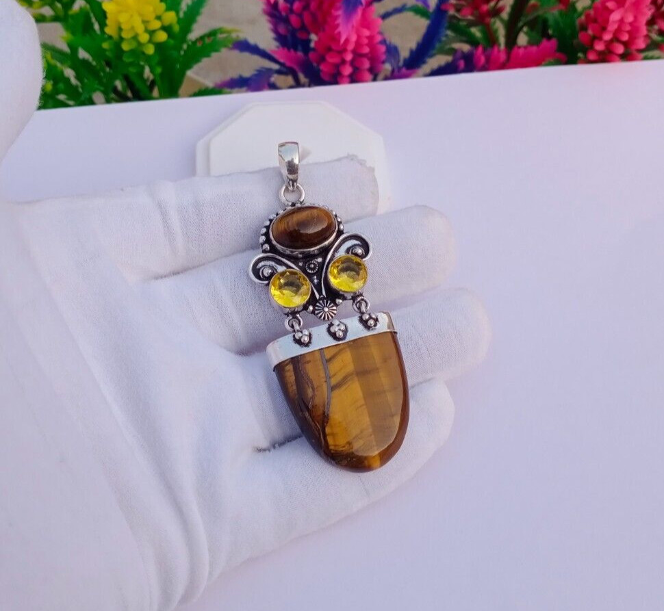 Natural Tiger’ s eye Pendant, Citrine pendant | silver plated pendant Jewelry