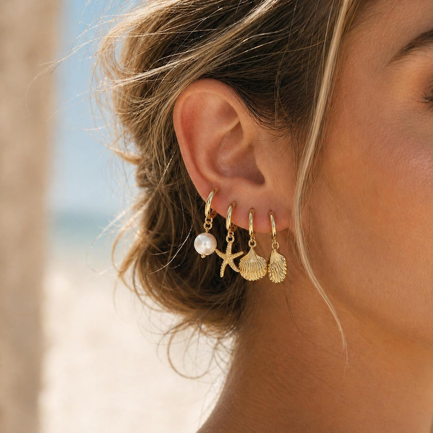 4 Pairs Huggie Hoop Beachy Earrings Set for Women, 14K Gold Plated Ocean Element