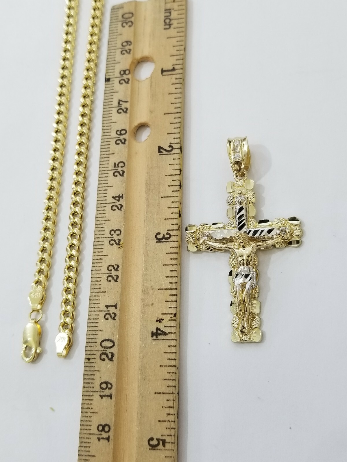 10k Gold Chain Miami Cuban Link Cross Pendant & REAL 10kt 5mm Necklace Charm SET