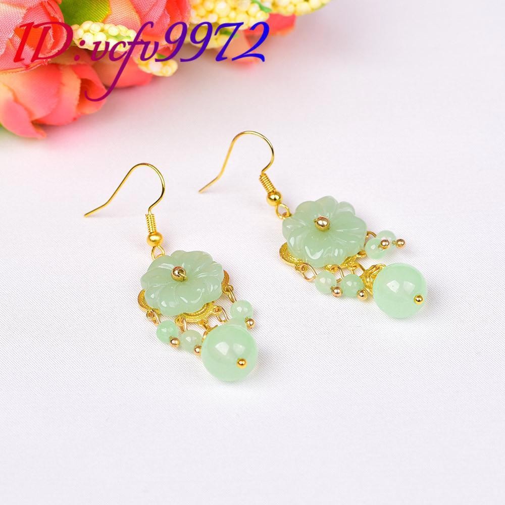 Natural Jade Flower Earrings Carved Gemstone 18K Gold Plated Real Jewelry