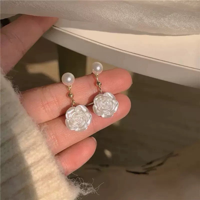 18K Gold Plated Pearl Camellia Flower Drop Earrings Camellia Dangle Earrings A20