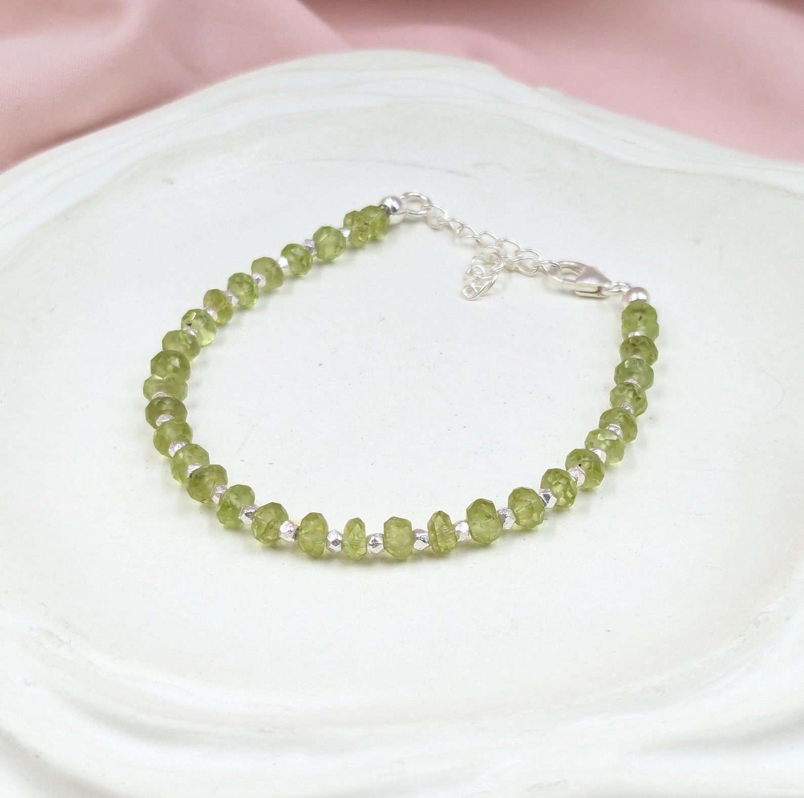 Green Peridot Faceted Rondelle Gemstone Silver Filled Beads Women Bracelet 6-8”