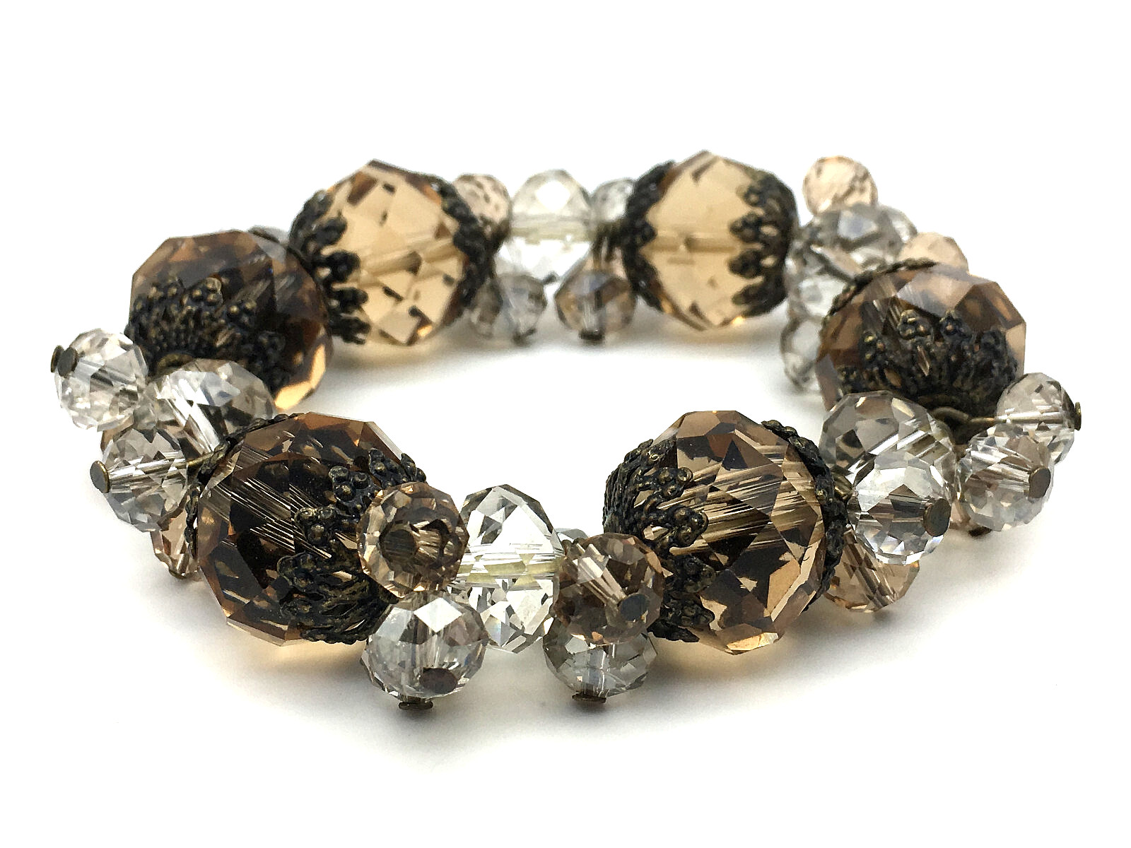 Large Smokey Quartz BronzeTone End Caps & Faceted Clear Crystal Stretch Bracelet