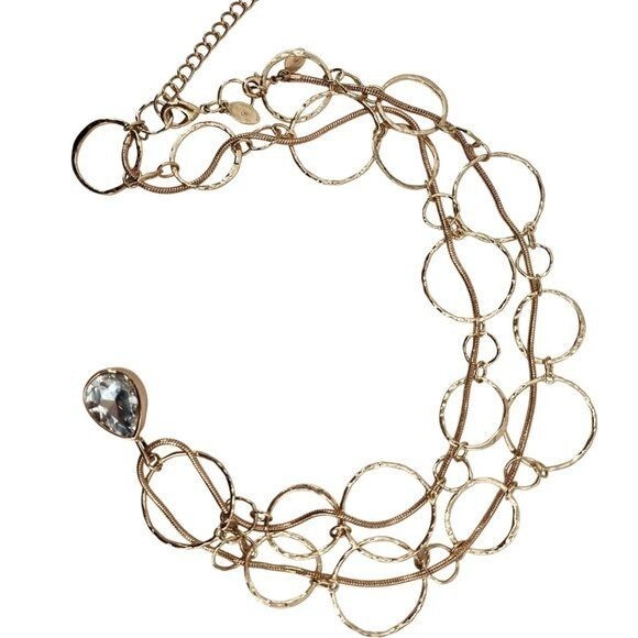 CHICO’S Gold Tone Double Chain Crystal Pendant Statement Necklace NWOT