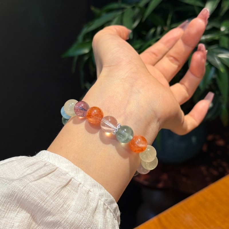 10mm Natural Lemon Yellow Crystal Aquamarine Green fluorite Handmade Bracelet