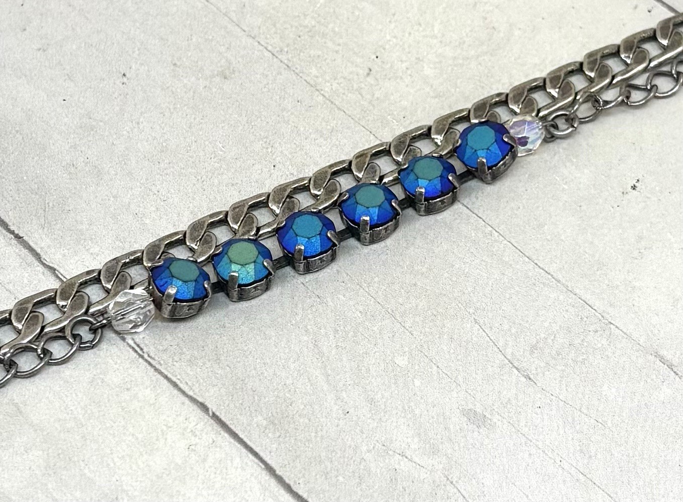 Antique Silver Plated Double Chain OOAK Bracelet, jet Black AB Bracelet
