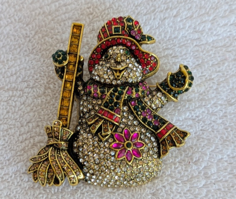 Multicolor Rhinestone Crystal Snowman with Broom 2 1/2″ x 2 1/4″ Brooch Pin
